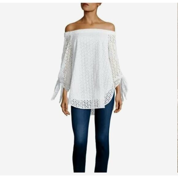 Anthropologie Tibi Eyelet Lace 3/4" Tie Sleeve Off the Shoulder Top Blouse - Picture 3 of 10